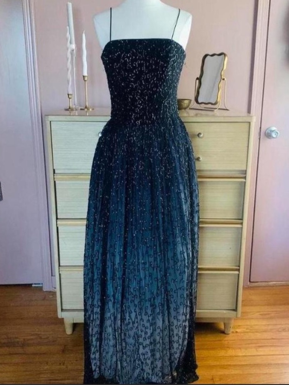 100% Silk Cache Navy Blue Beaded Strapless Evening Gown
